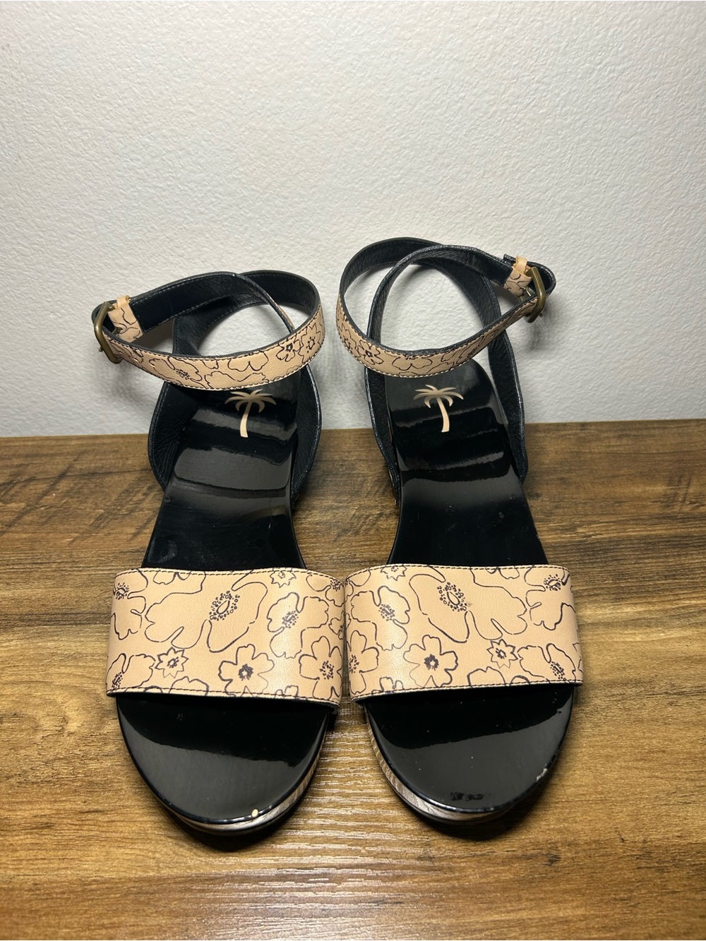 Tomas Maier Nude Floral Ankle-Strap Sandals with Black Wood Footbed